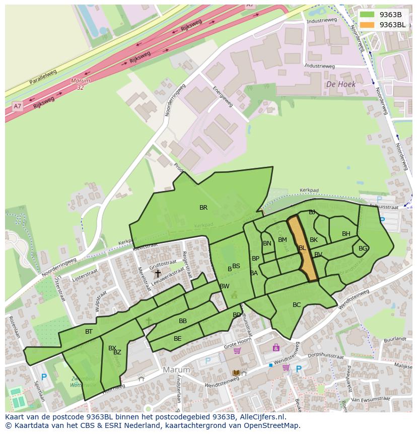 Afbeelding van het postcodegebied 9363 BL op de kaart.