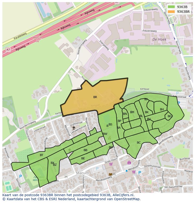 Afbeelding van het postcodegebied 9363 BR op de kaart.