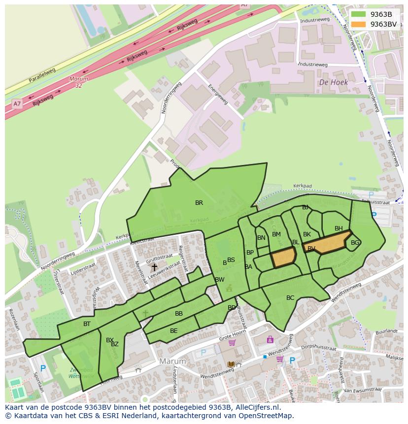 Afbeelding van het postcodegebied 9363 BV op de kaart.