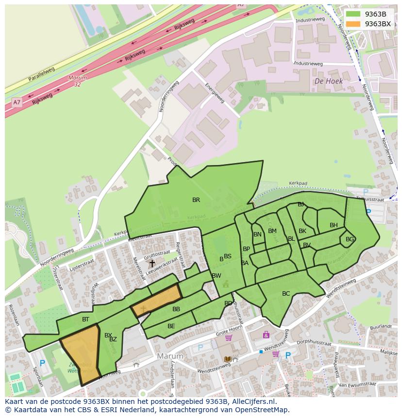 Afbeelding van het postcodegebied 9363 BX op de kaart.