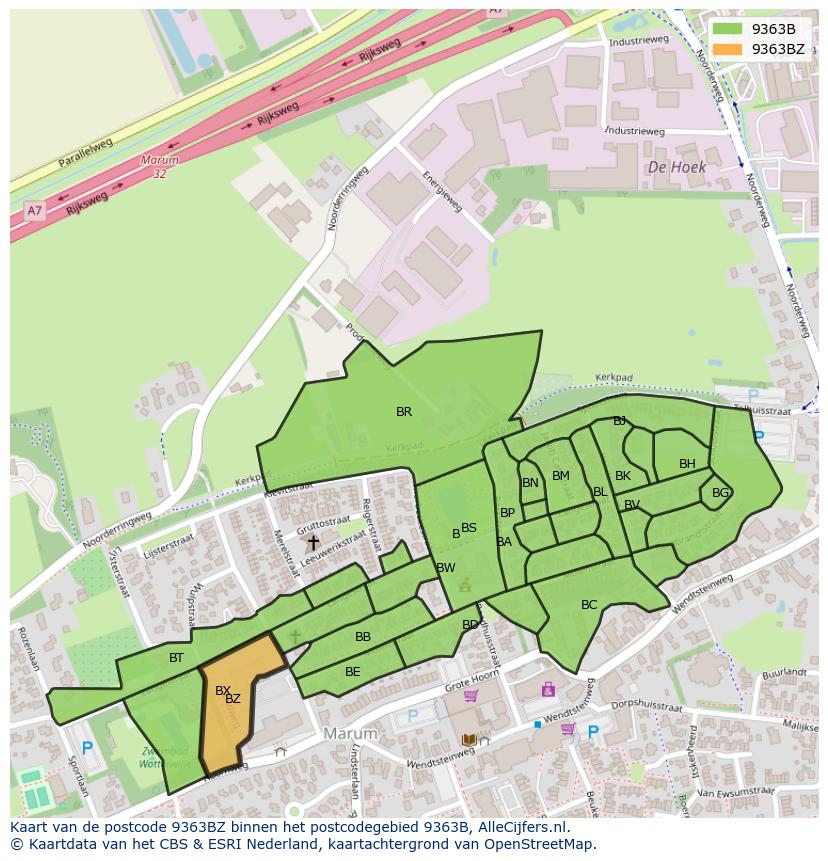Afbeelding van het postcodegebied 9363 BZ op de kaart.