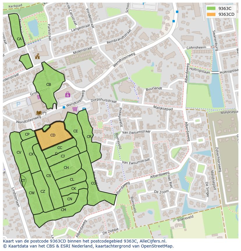 Afbeelding van het postcodegebied 9363 CD op de kaart.