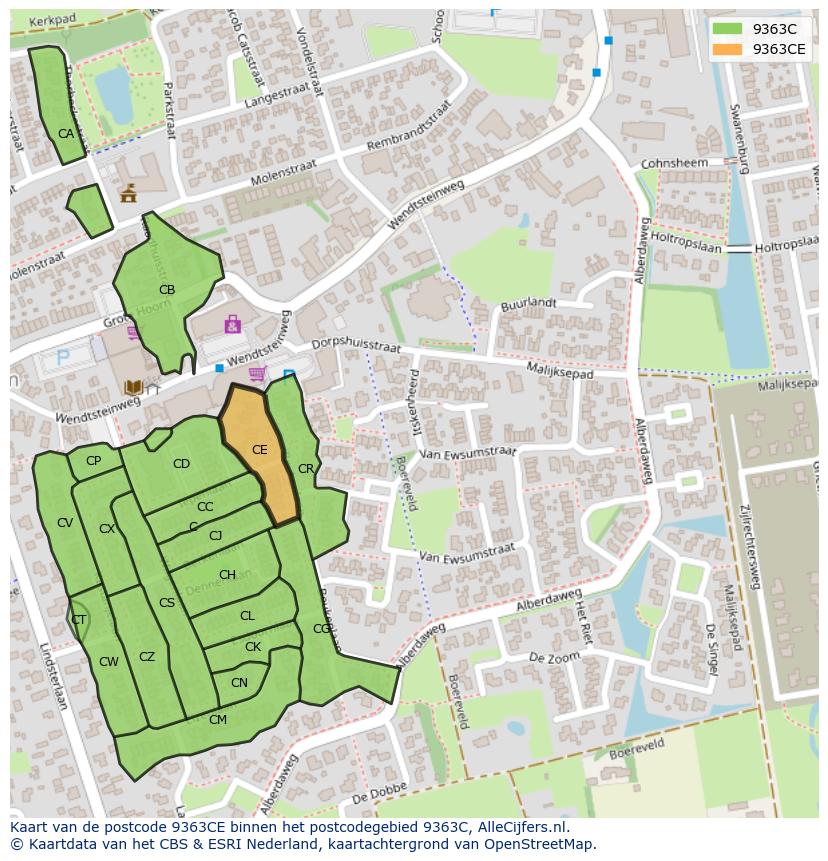 Afbeelding van het postcodegebied 9363 CE op de kaart.