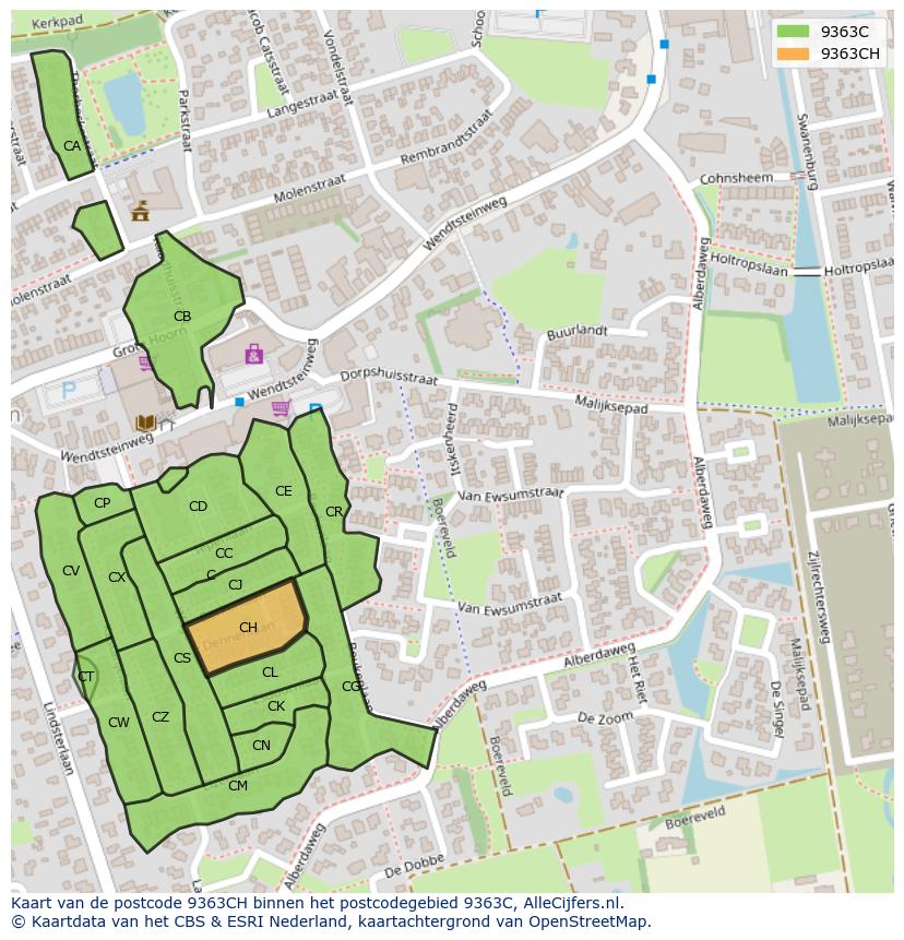 Afbeelding van het postcodegebied 9363 CH op de kaart.
