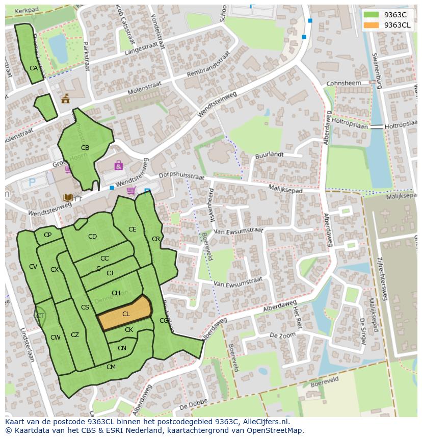 Afbeelding van het postcodegebied 9363 CL op de kaart.