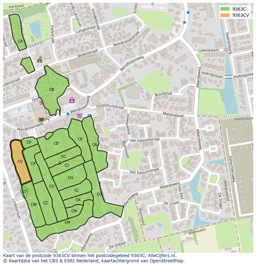 Afbeelding van het postcodegebied 9363 CV op de kaart.