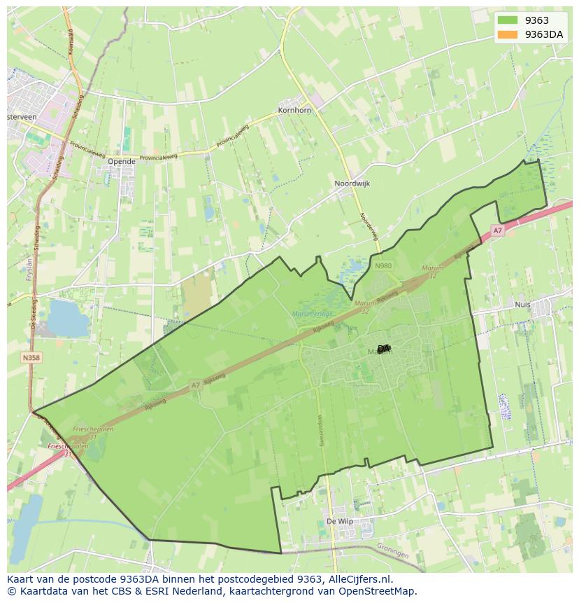 Afbeelding van het postcodegebied 9363 DA op de kaart.