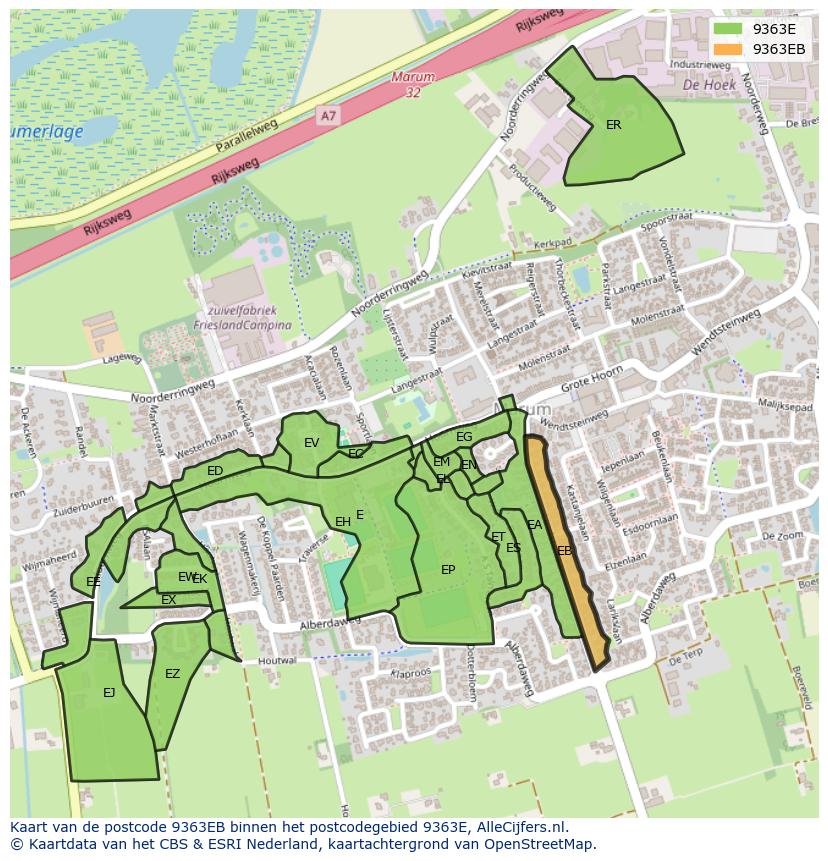 Afbeelding van het postcodegebied 9363 EB op de kaart.