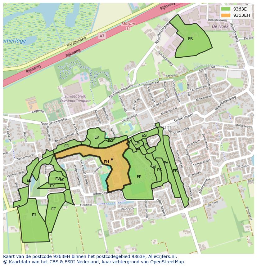 Afbeelding van het postcodegebied 9363 EH op de kaart.
