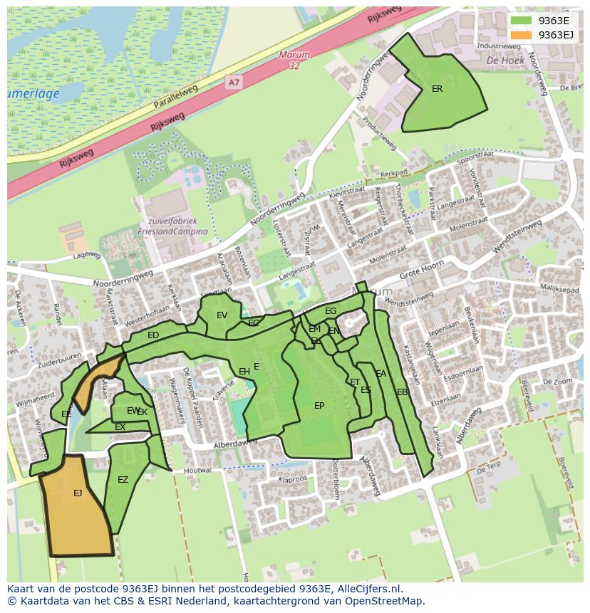Afbeelding van het postcodegebied 9363 EJ op de kaart.