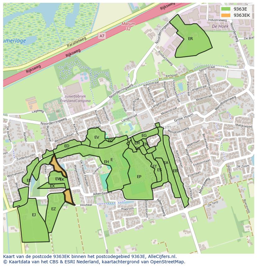 Afbeelding van het postcodegebied 9363 EK op de kaart.