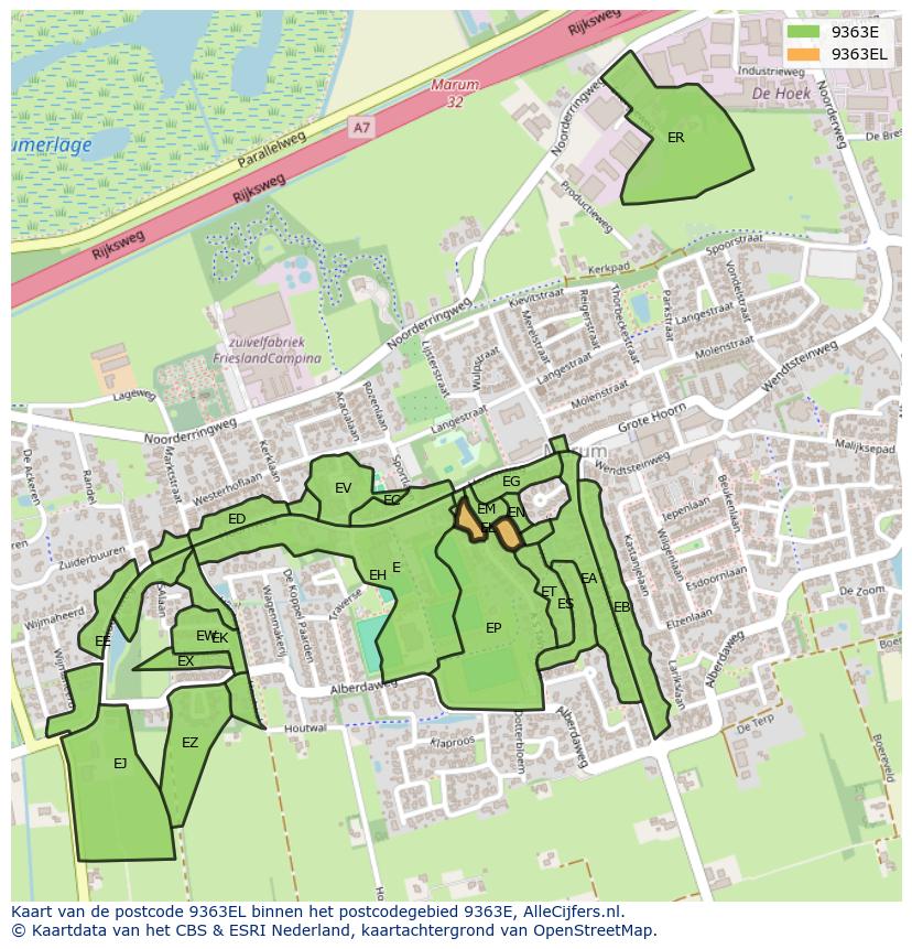Afbeelding van het postcodegebied 9363 EL op de kaart.
