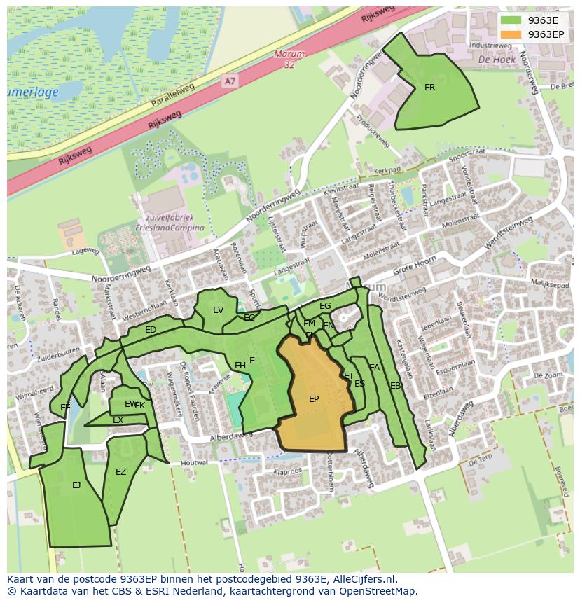 Afbeelding van het postcodegebied 9363 EP op de kaart.