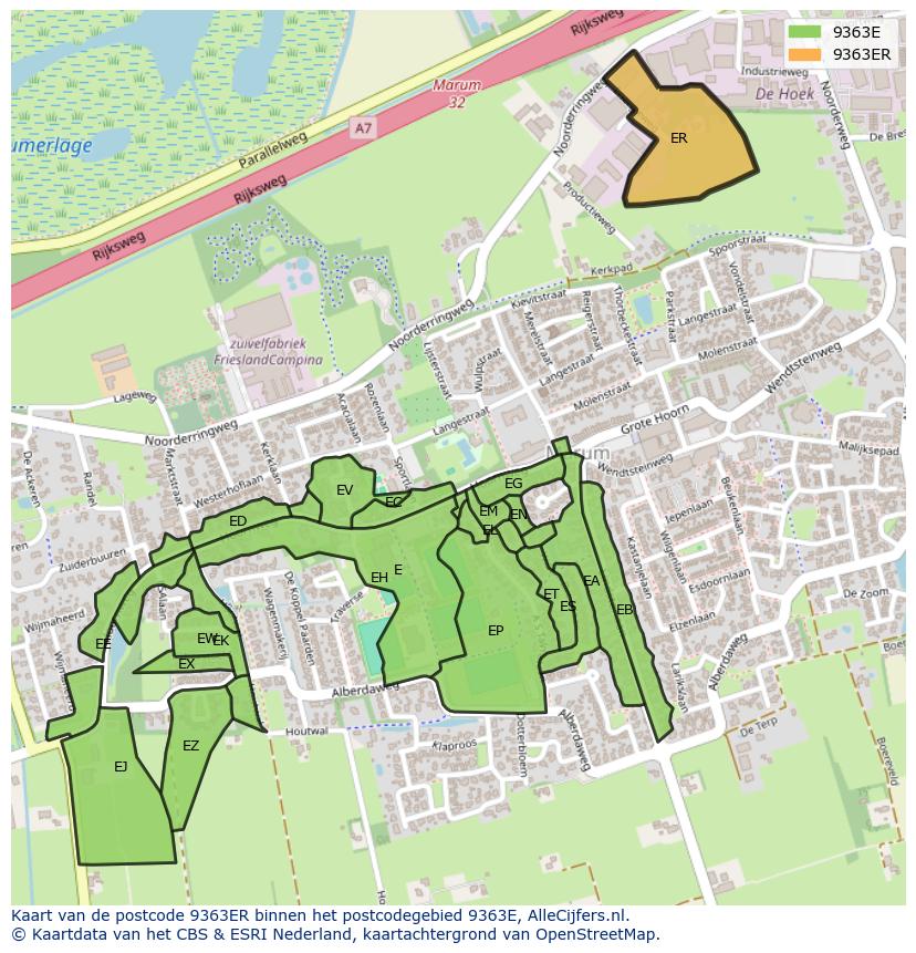 Afbeelding van het postcodegebied 9363 ER op de kaart.