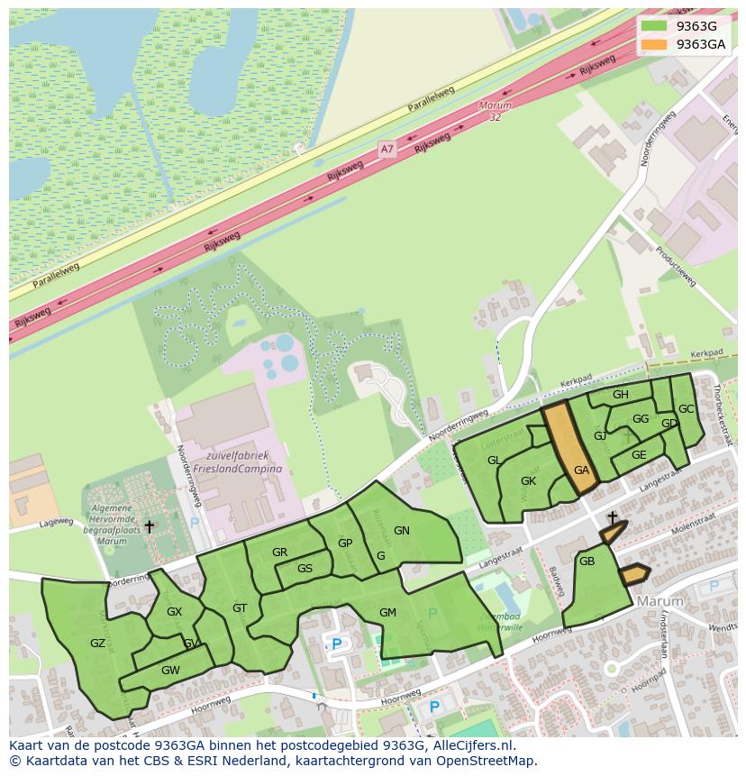 Afbeelding van het postcodegebied 9363 GA op de kaart.