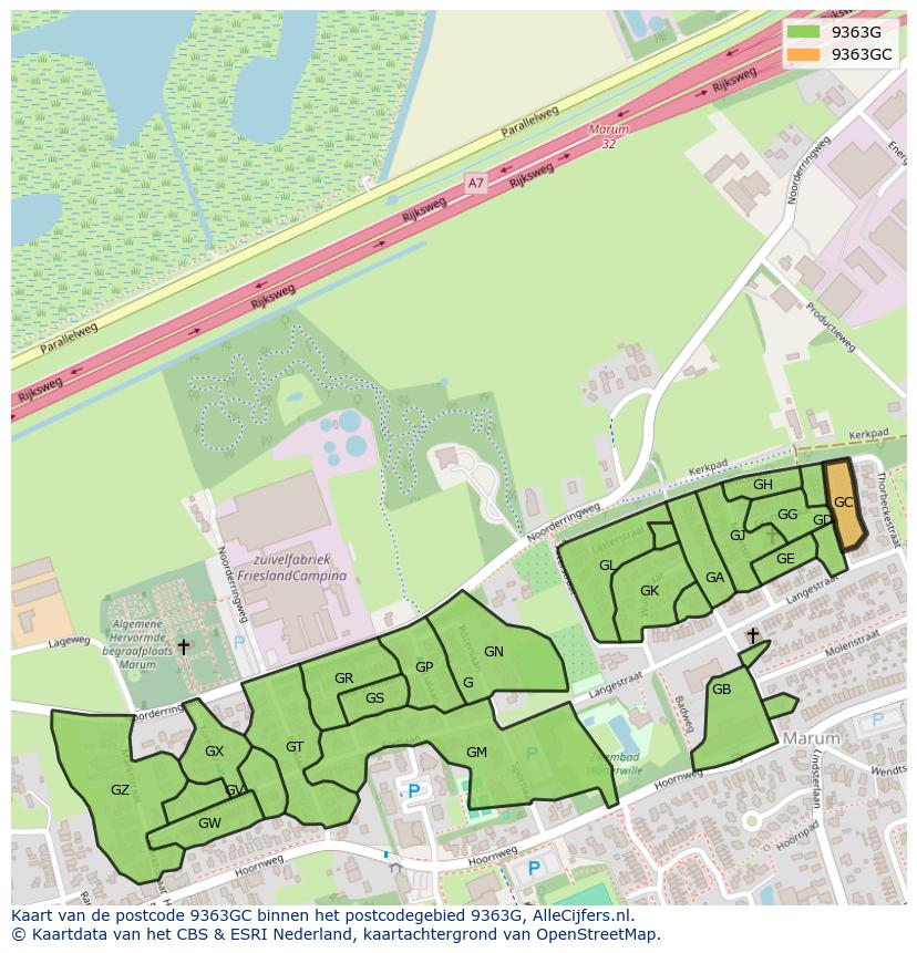Afbeelding van het postcodegebied 9363 GC op de kaart.