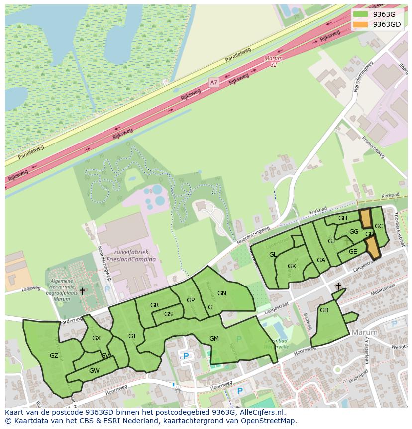 Afbeelding van het postcodegebied 9363 GD op de kaart.
