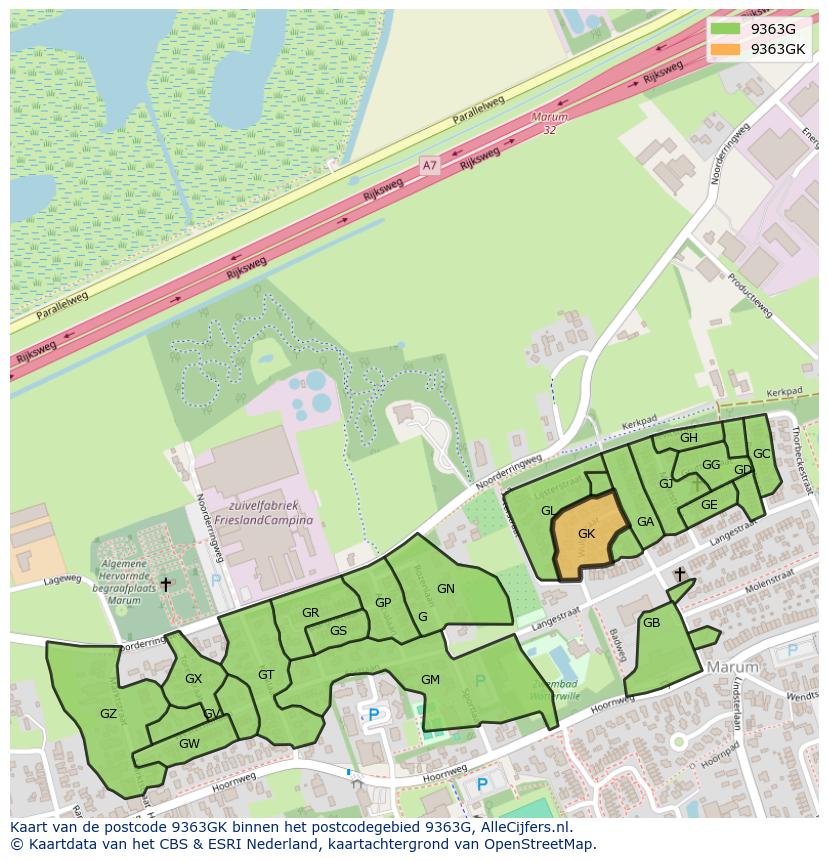 Afbeelding van het postcodegebied 9363 GK op de kaart.