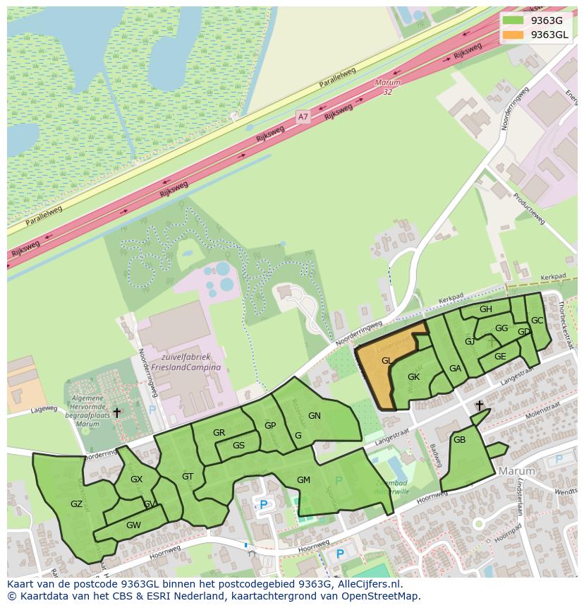 Afbeelding van het postcodegebied 9363 GL op de kaart.