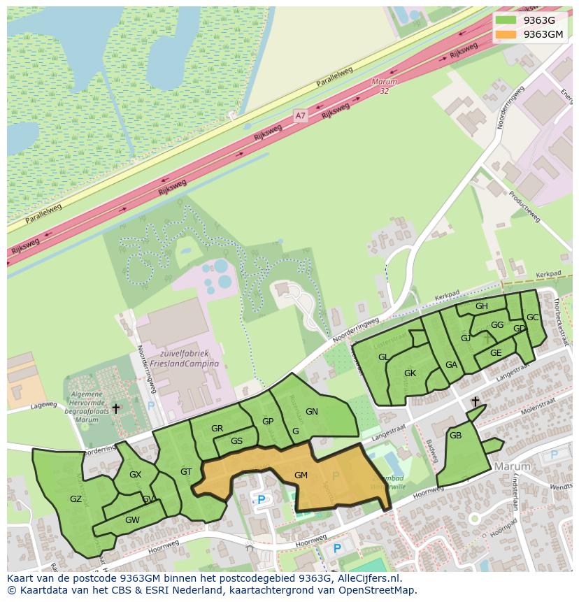 Afbeelding van het postcodegebied 9363 GM op de kaart.