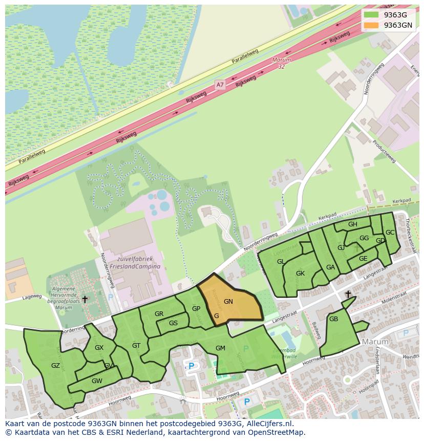 Afbeelding van het postcodegebied 9363 GN op de kaart.