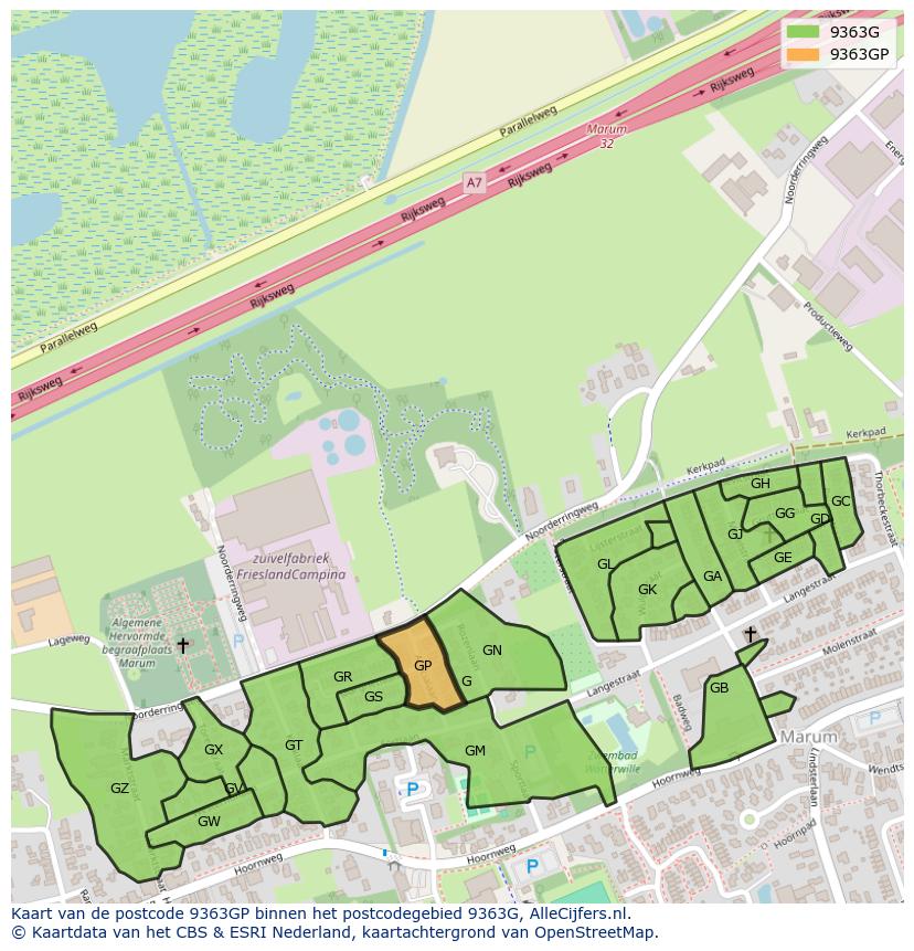 Afbeelding van het postcodegebied 9363 GP op de kaart.