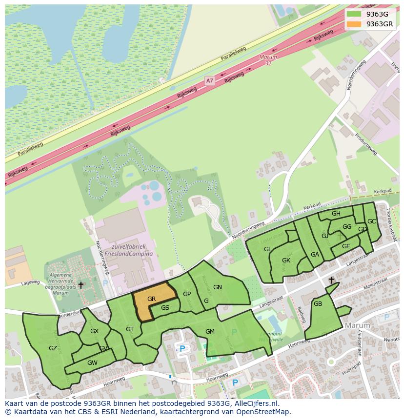 Afbeelding van het postcodegebied 9363 GR op de kaart.