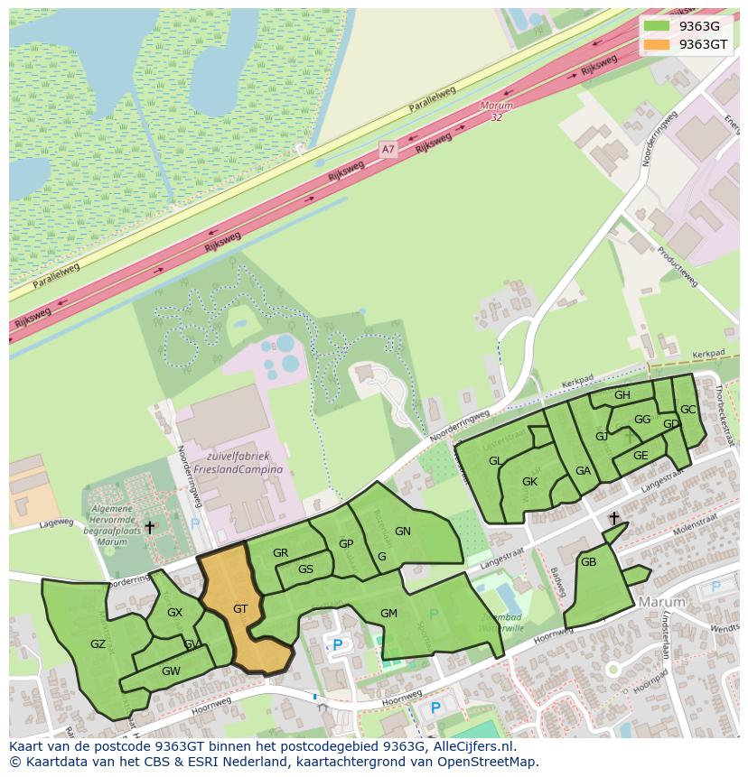 Afbeelding van het postcodegebied 9363 GT op de kaart.