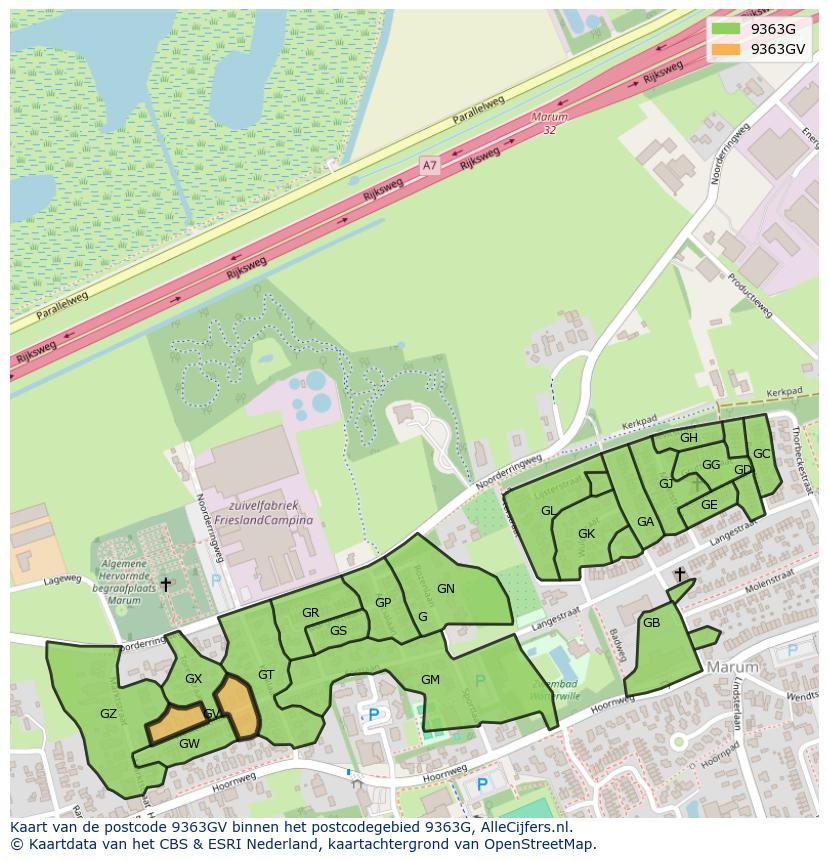 Afbeelding van het postcodegebied 9363 GV op de kaart.
