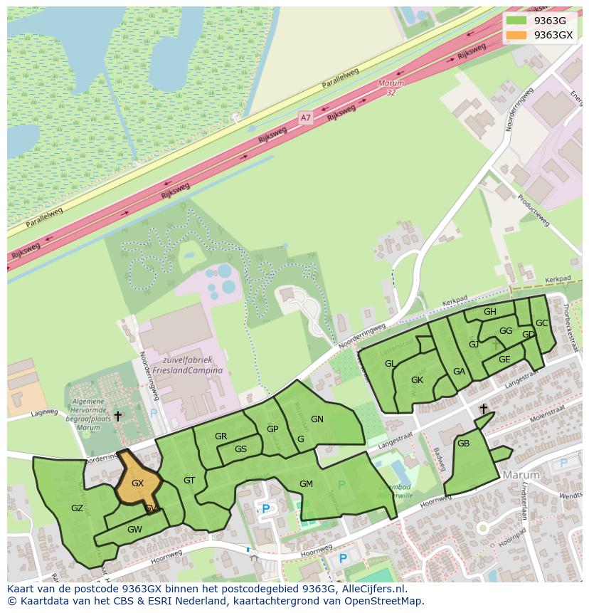 Afbeelding van het postcodegebied 9363 GX op de kaart.