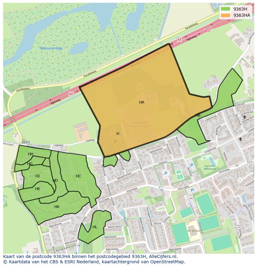 Afbeelding van het postcodegebied 9363 HA op de kaart.