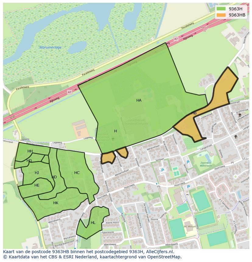 Afbeelding van het postcodegebied 9363 HB op de kaart.
