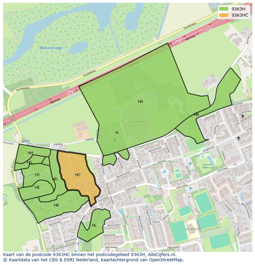 Afbeelding van het postcodegebied 9363 HC op de kaart.