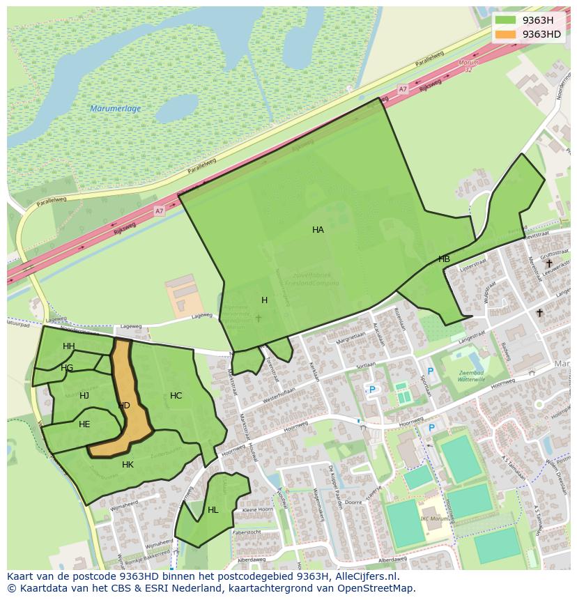 Afbeelding van het postcodegebied 9363 HD op de kaart.