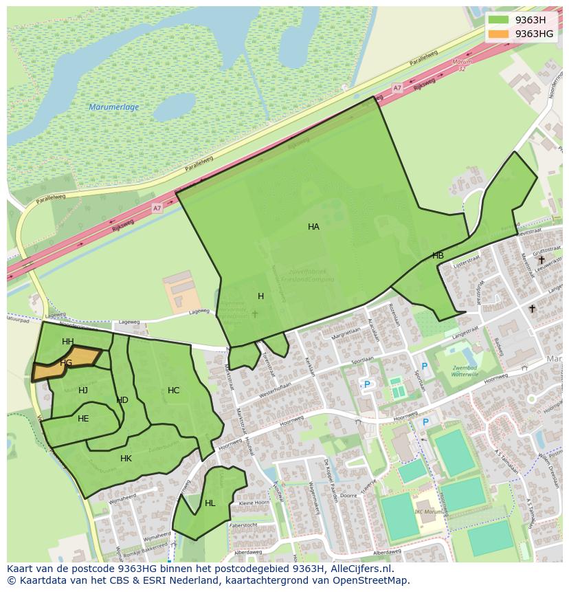 Afbeelding van het postcodegebied 9363 HG op de kaart.