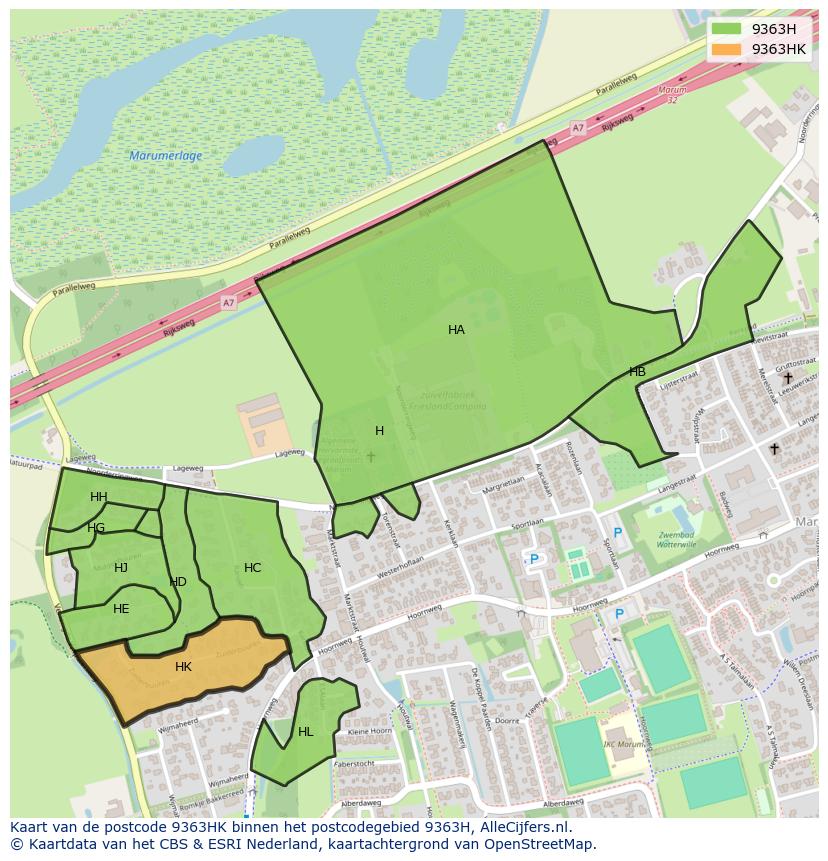 Afbeelding van het postcodegebied 9363 HK op de kaart.