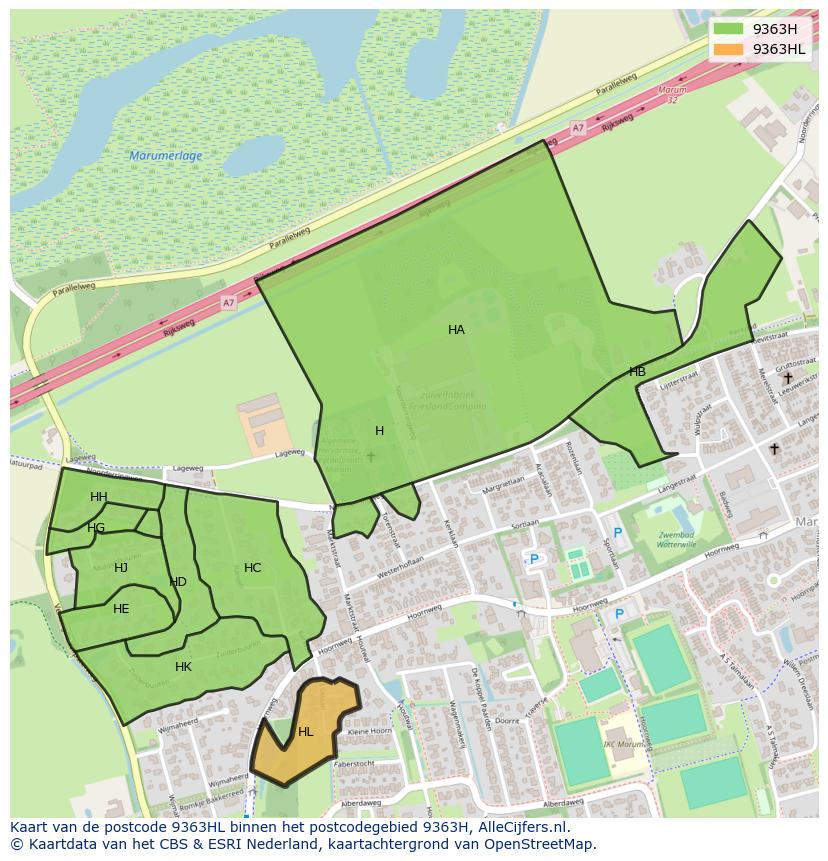 Afbeelding van het postcodegebied 9363 HL op de kaart.