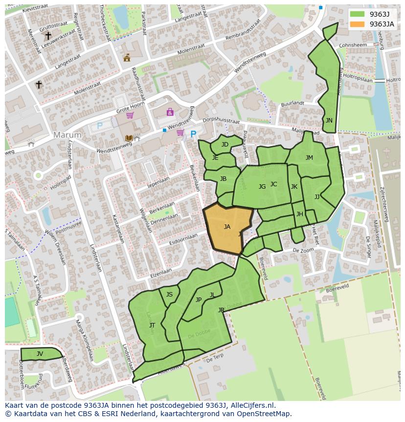 Afbeelding van het postcodegebied 9363 JA op de kaart.