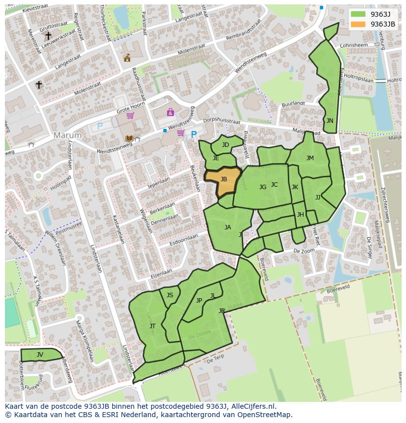 Afbeelding van het postcodegebied 9363 JB op de kaart.