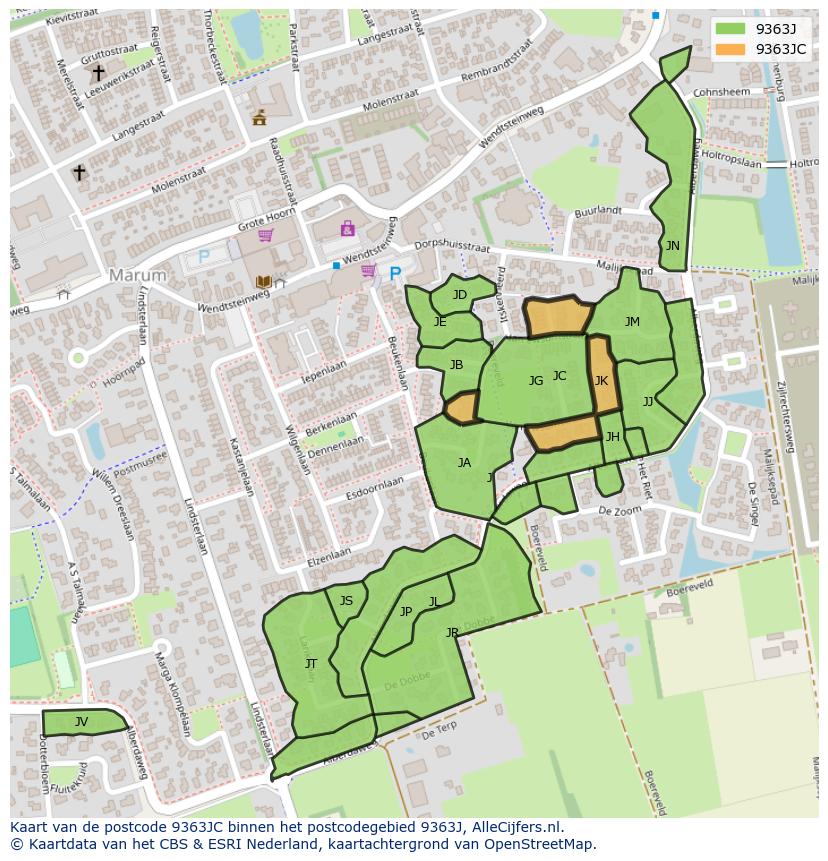 Afbeelding van het postcodegebied 9363 JC op de kaart.