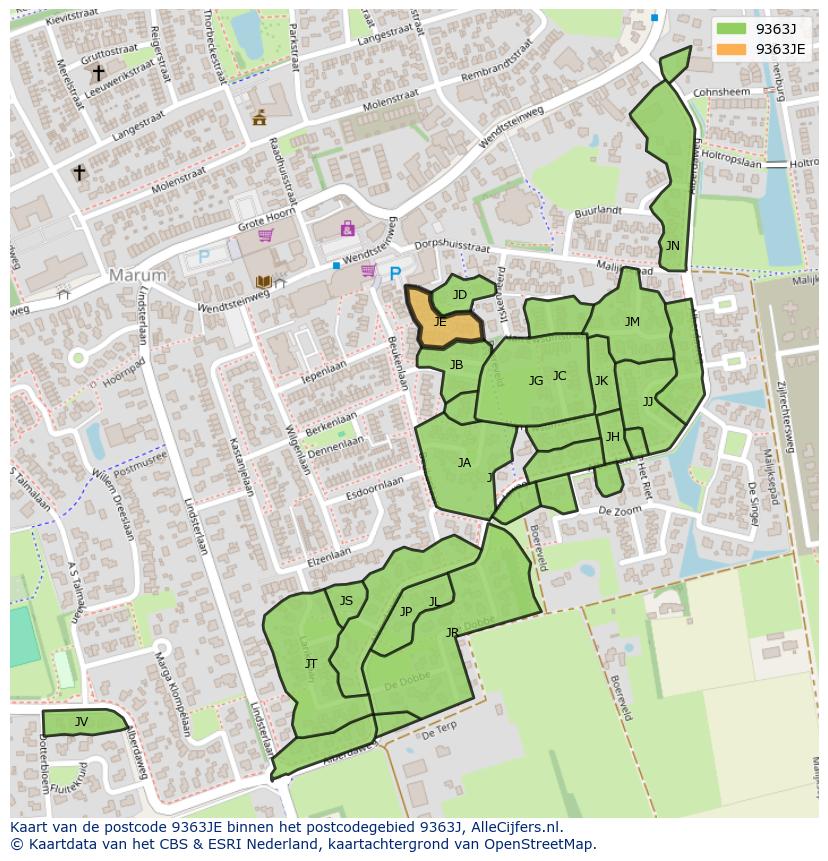Afbeelding van het postcodegebied 9363 JE op de kaart.