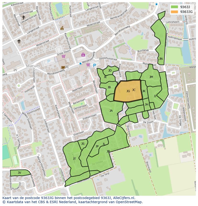 Afbeelding van het postcodegebied 9363 JG op de kaart.