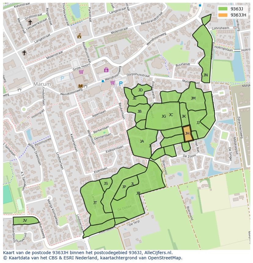 Afbeelding van het postcodegebied 9363 JH op de kaart.