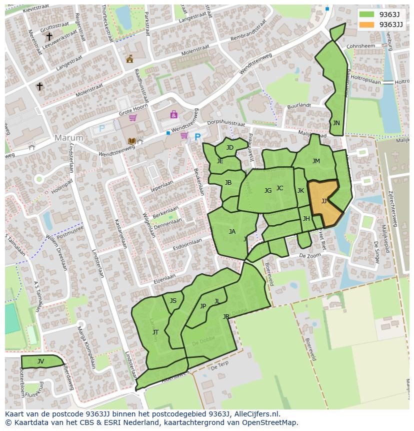 Afbeelding van het postcodegebied 9363 JJ op de kaart.