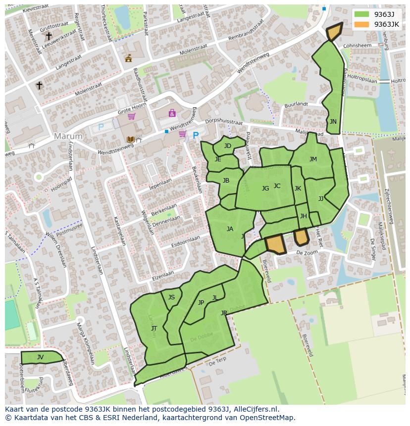 Afbeelding van het postcodegebied 9363 JK op de kaart.