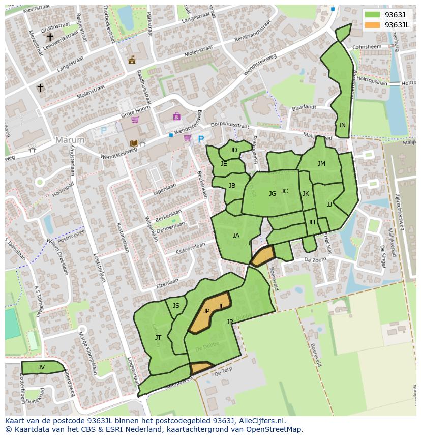 Afbeelding van het postcodegebied 9363 JL op de kaart.