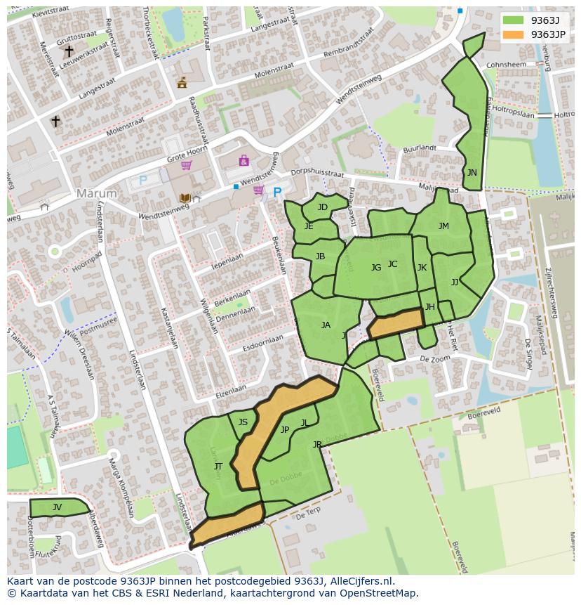 Afbeelding van het postcodegebied 9363 JP op de kaart.