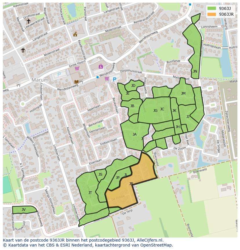 Afbeelding van het postcodegebied 9363 JR op de kaart.
