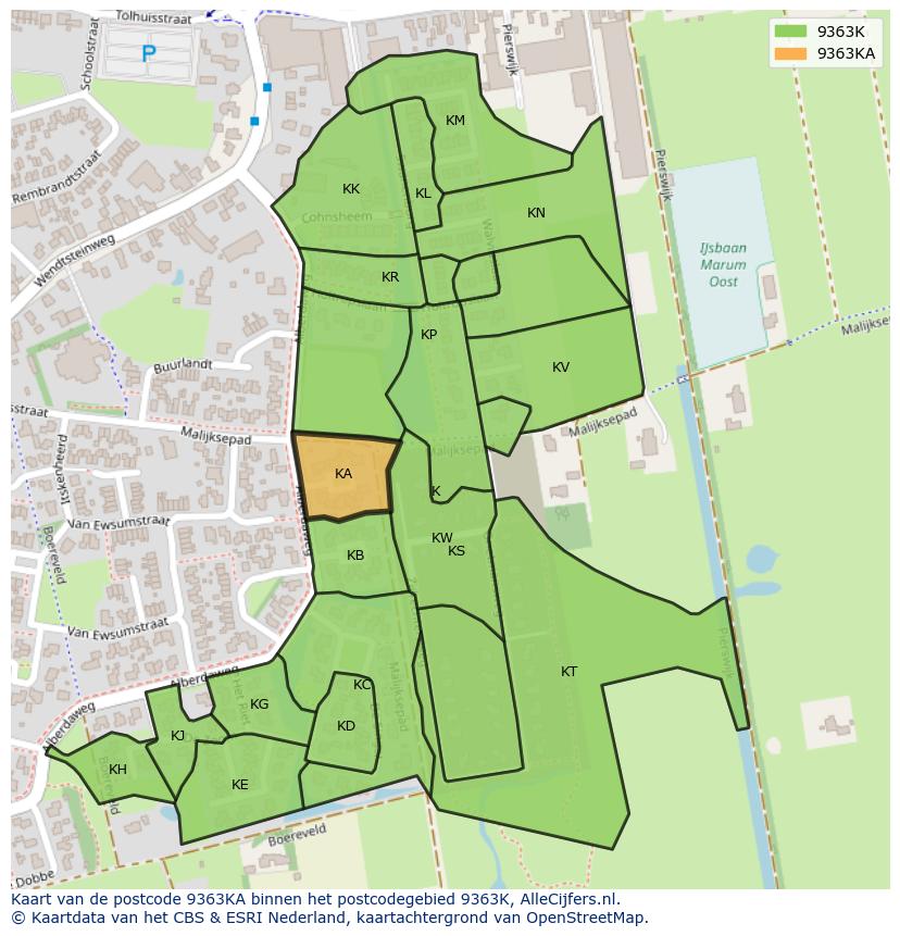 Afbeelding van het postcodegebied 9363 KA op de kaart.