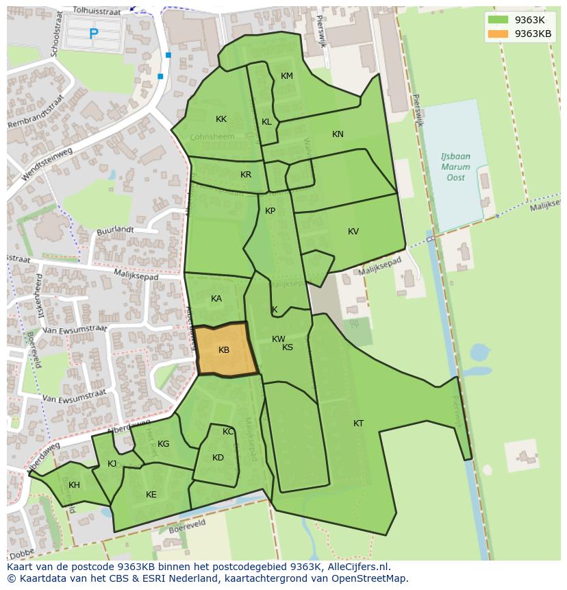 Afbeelding van het postcodegebied 9363 KB op de kaart.